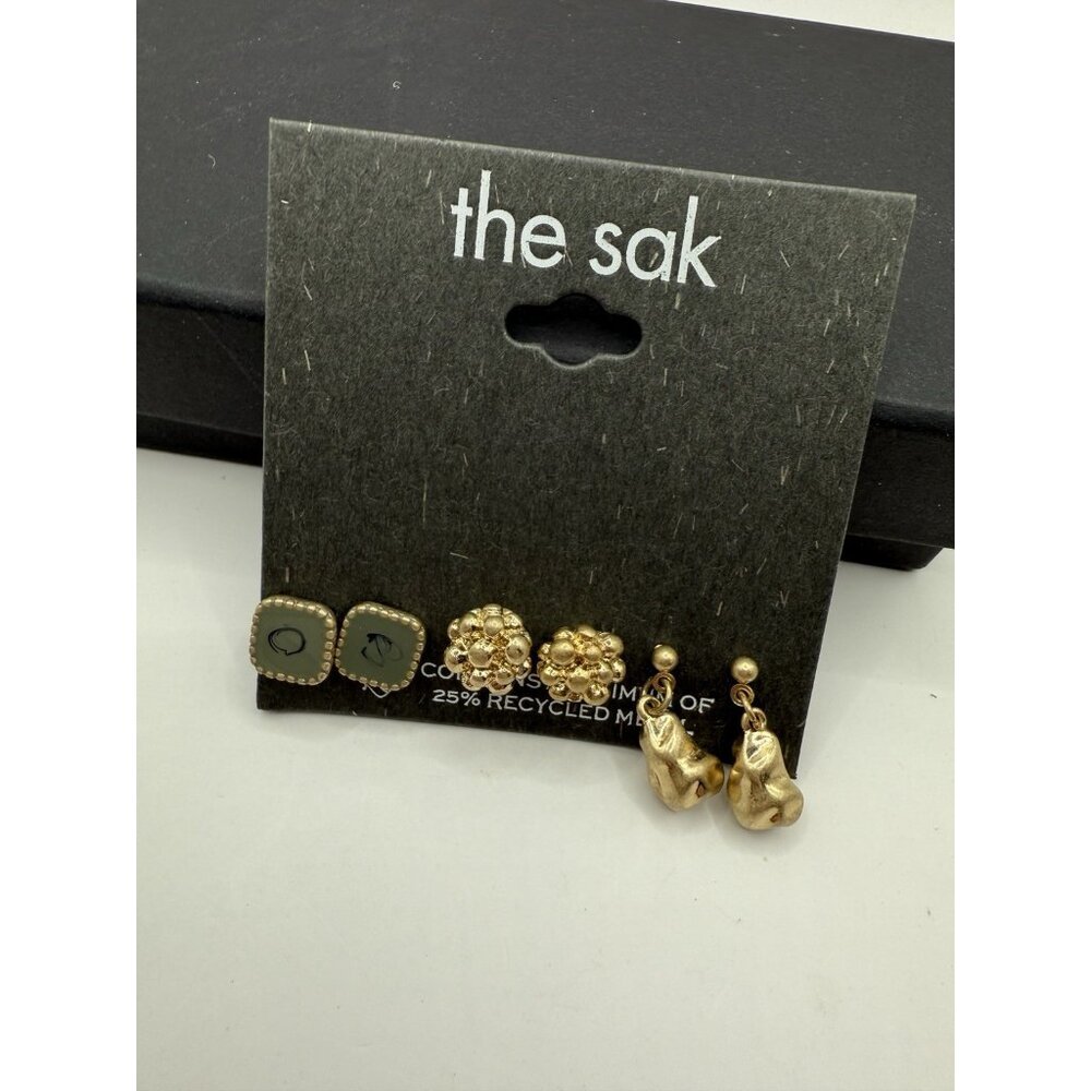 The Sak Gold Tone Sage Green Stone Post Stud Earrings Lot of 3 NWT New
